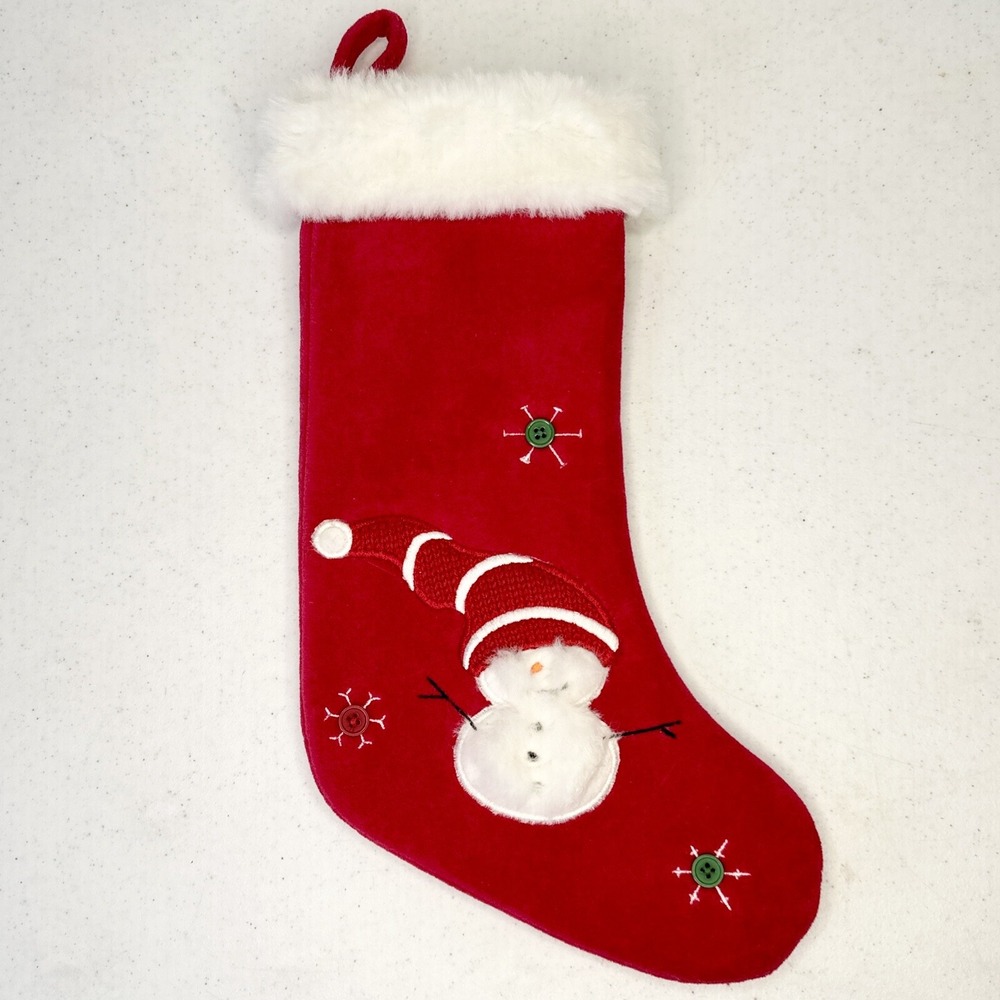 First Moments Kids Snowman Red Luxe Velvet‎ Embroidered Christmas Stocking